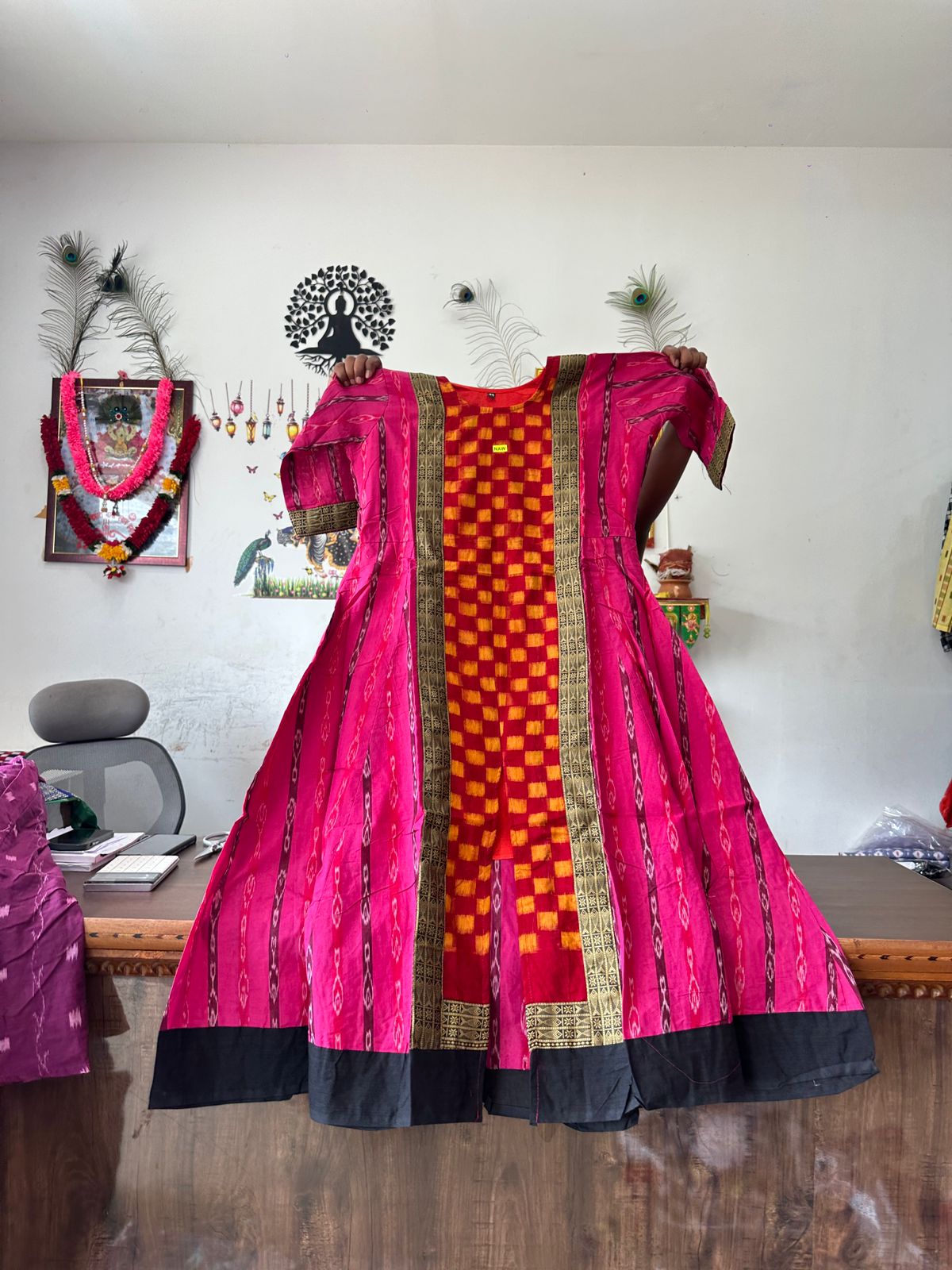 Sambalpuri Cotton Anarkali Kurti (Pink,Black and Yellow) - BL India Fashion