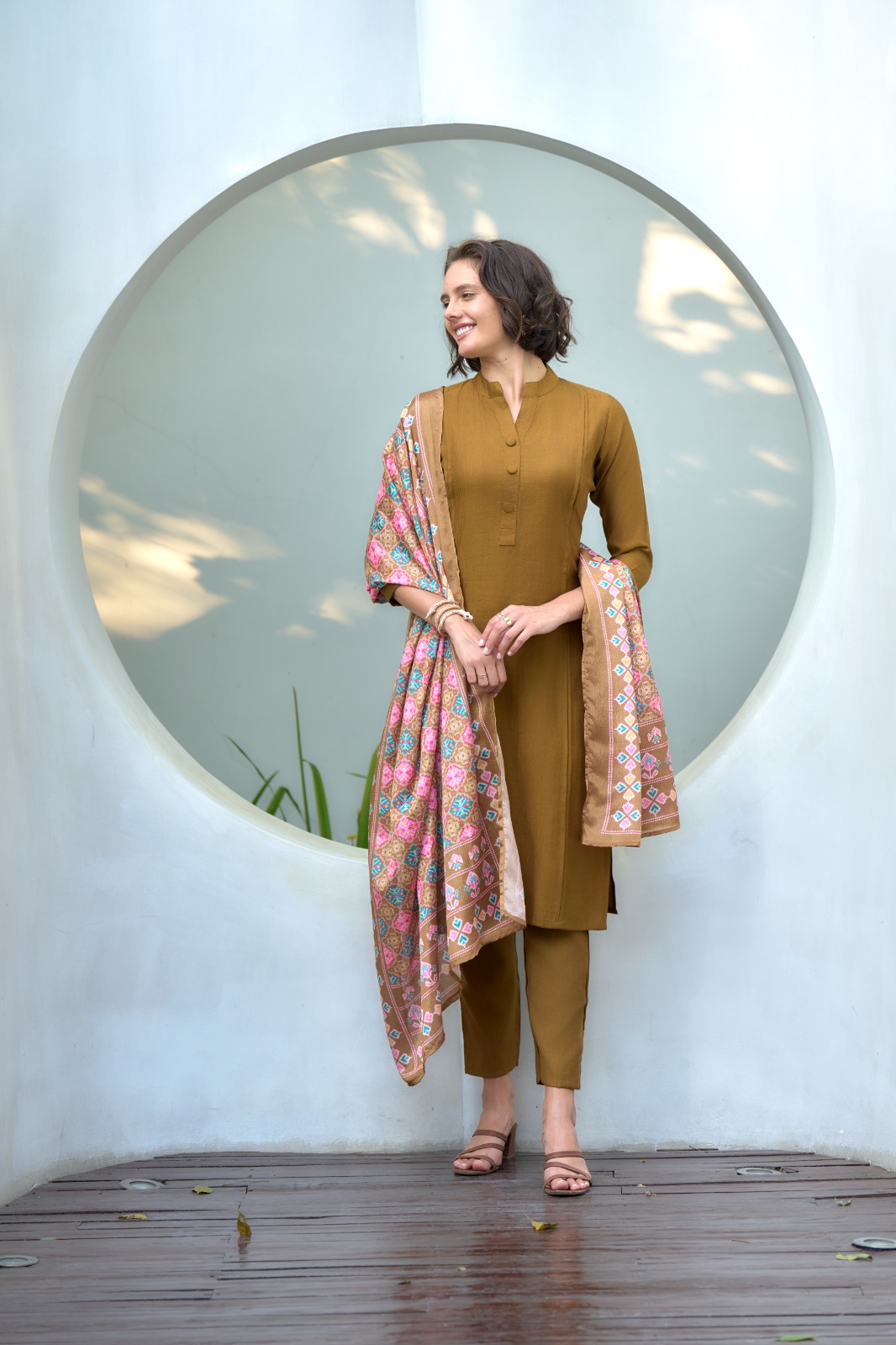 Solid Brown Kurti with Pants and a fancy Printed Dupatta