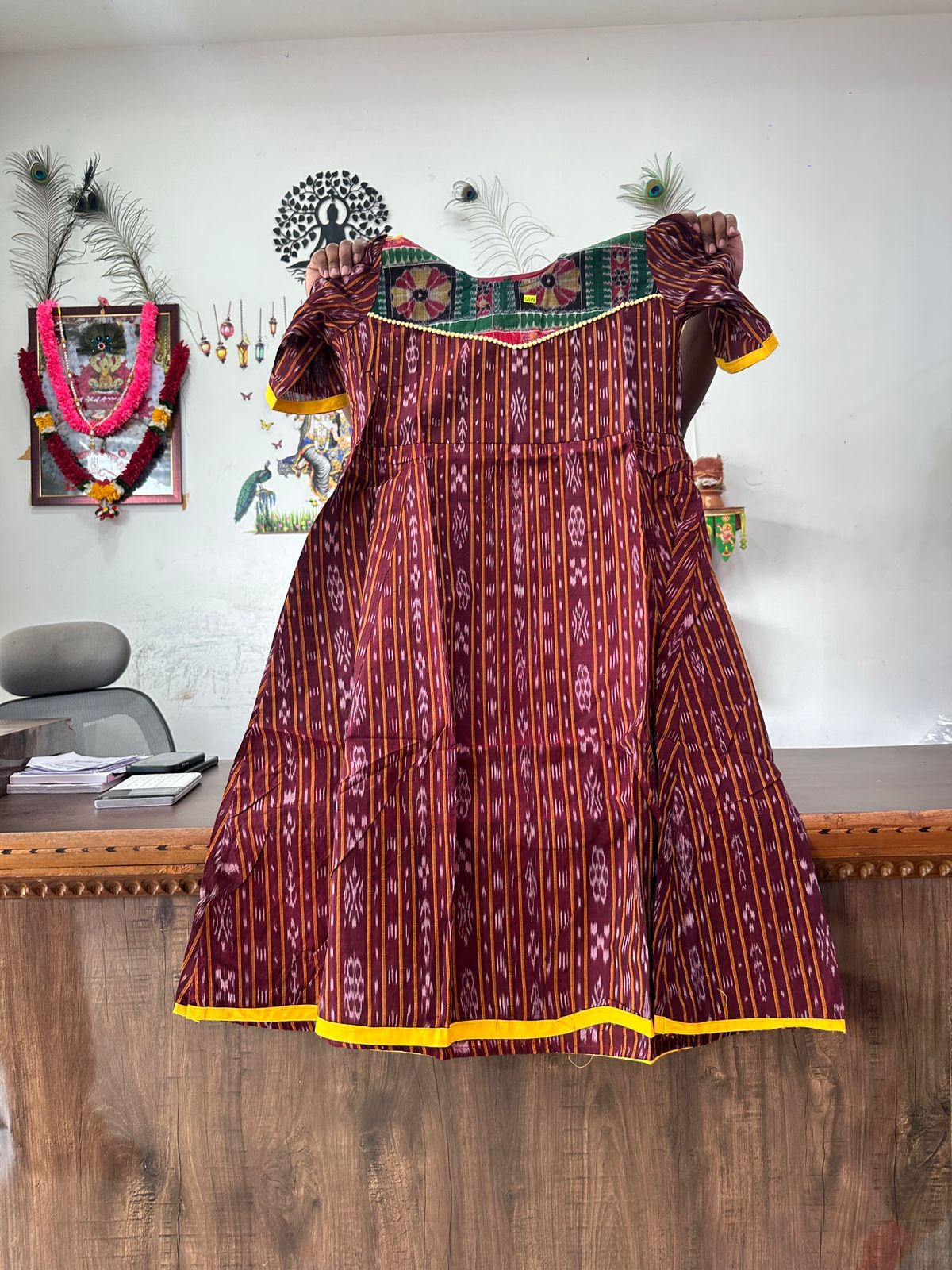 Sambalpuri Handloom Ikat Cotton Anarkali Kurti (Maroon and Yellow)