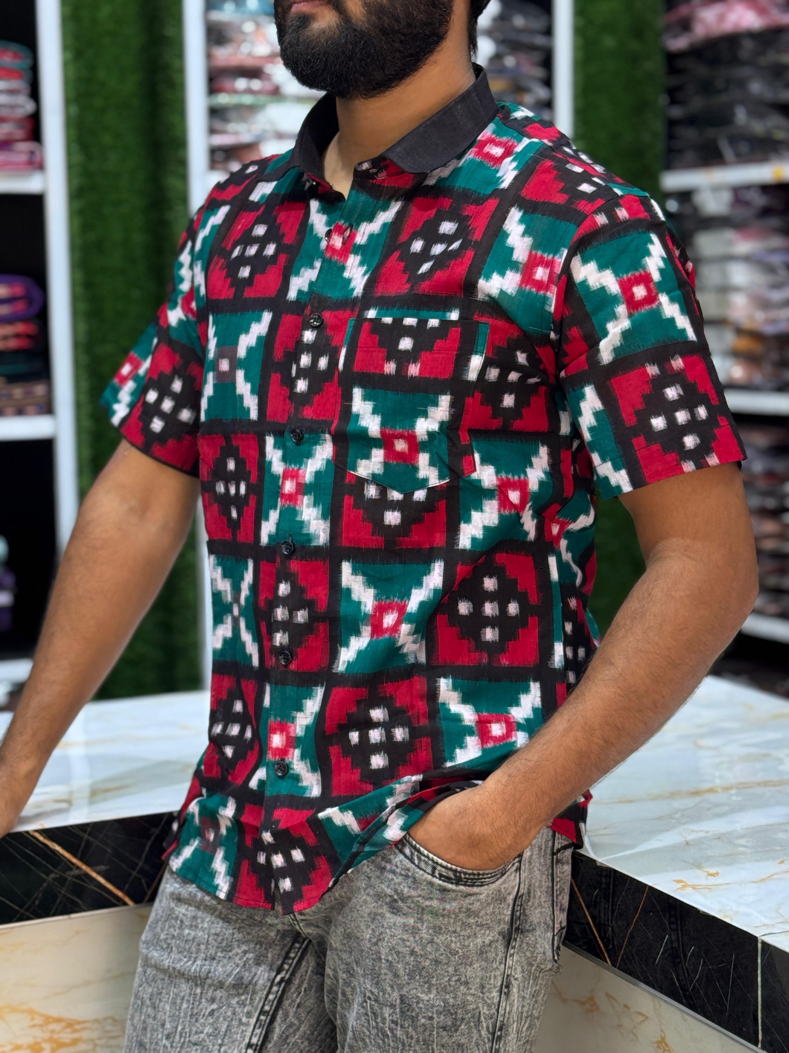 Handwoven Red and Green Sambalpuri Cotton Men's Shirt - BL India Fashion