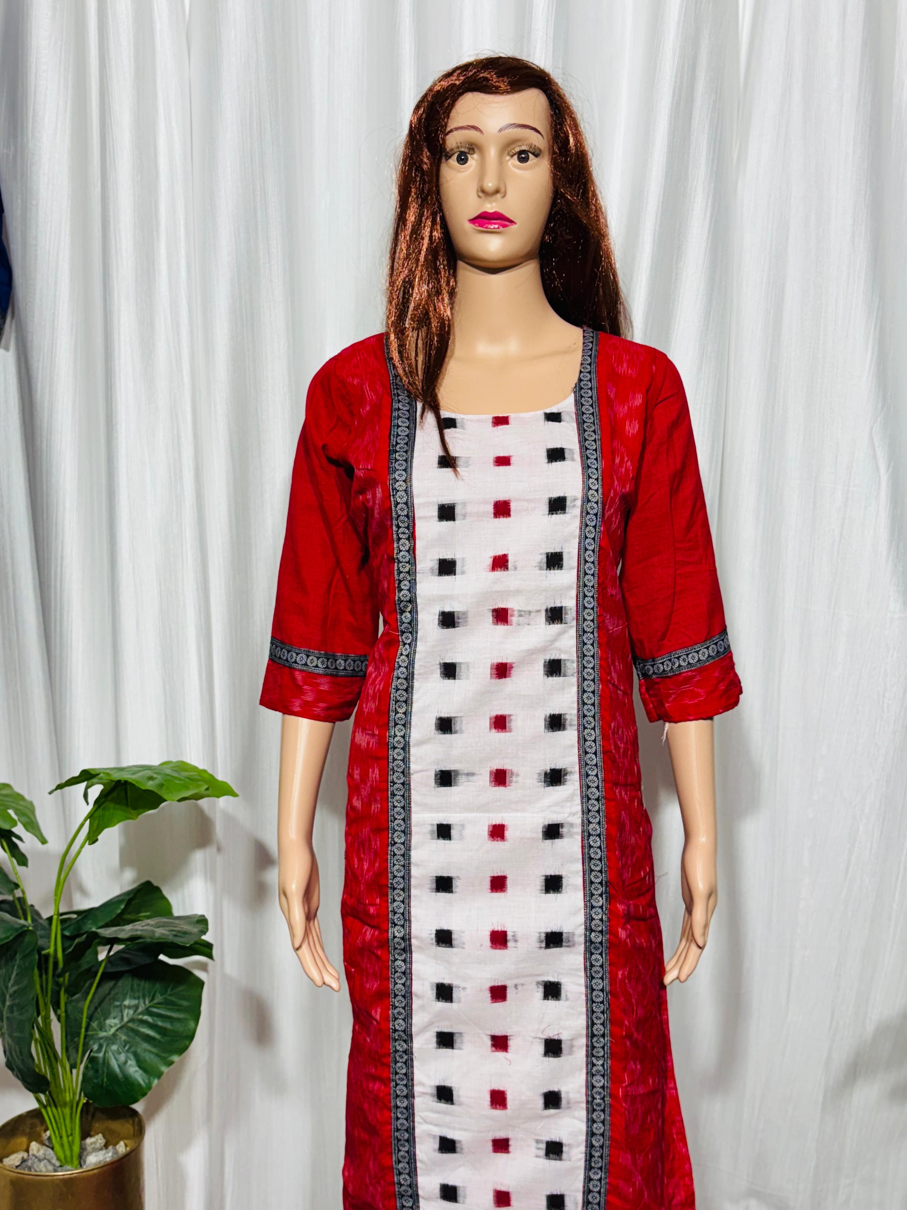Pasapali Design Sambalpuri Cotton Kurti with Dupatta (White and Red) - BL  India Fashion